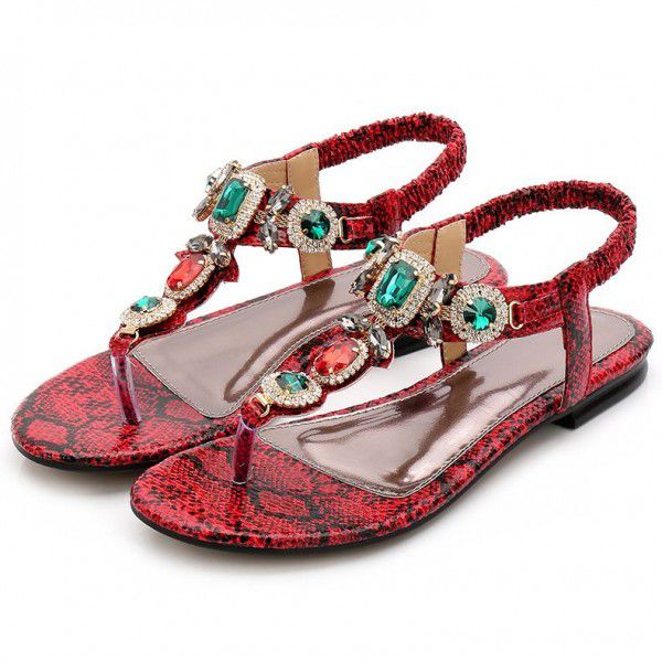 Cross border large women's shoes retro Bohemian Rhinestone sandals 2020 new women's summer Beaded flat shoes
