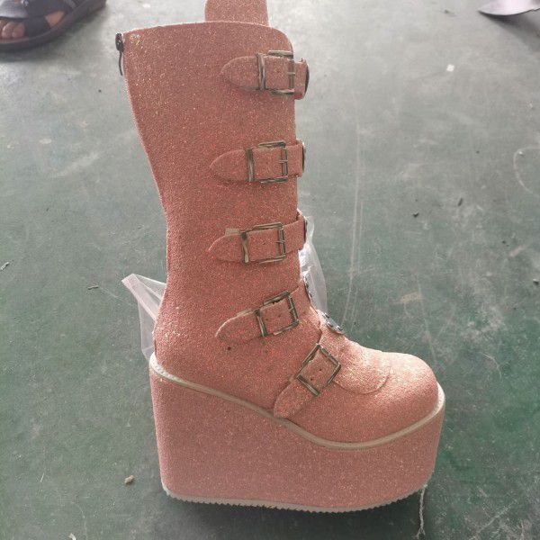 Winter New Women's Shoes Fashion Thick Sole Heart shaped Buckle Mid Barrel Sequin Wedge Martin Boots Women 