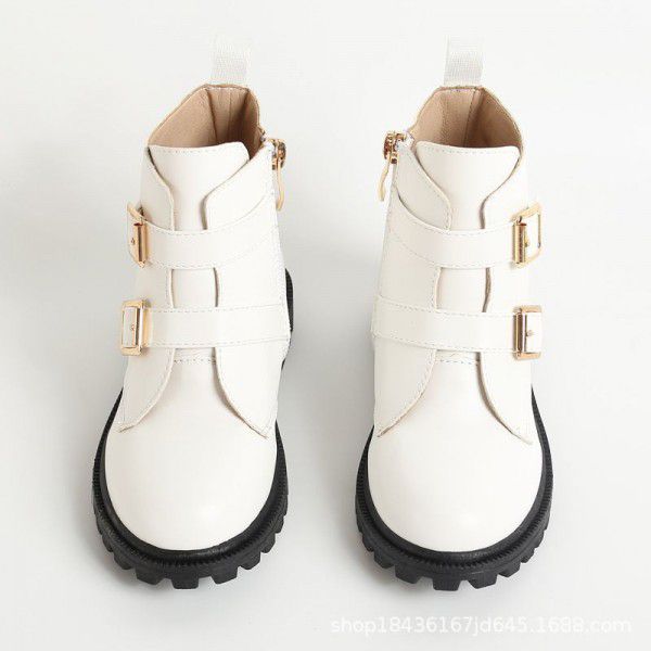 Girls' White Boots Spring and Autumn Children's Short Boots Little Girls' Martin Boots Low Barrel Short English Style Thick Sole Single Shoe 