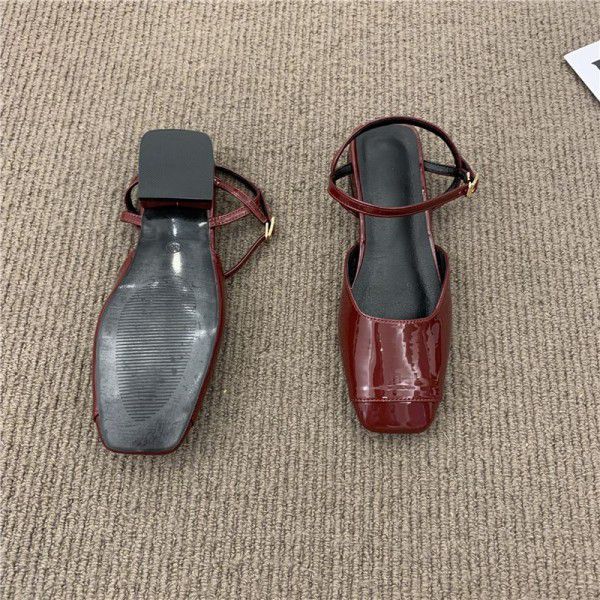 Red patent leather Baotou sandals for women in summer, versatile, square head, low heel, one button Mary Jane single shoes, Caligae 