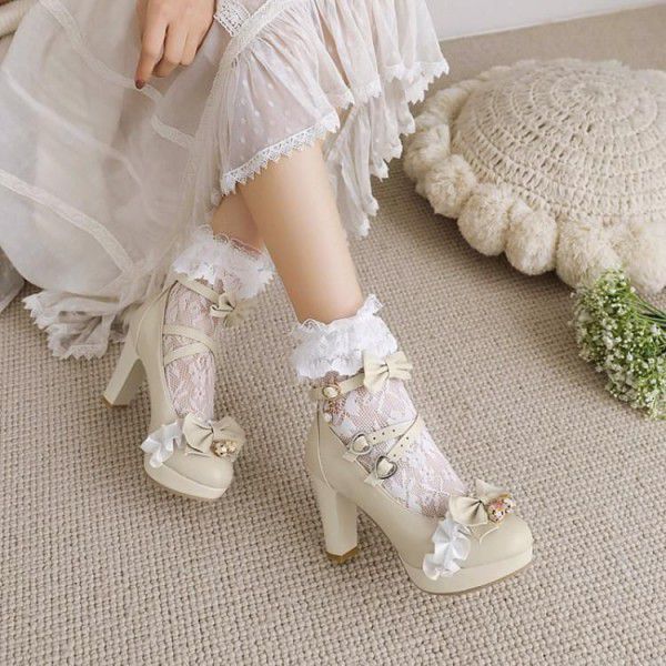 Japanese Sweet Little Fresh Lace Bow Original Single Shoe Thick Sole Mid Heel Buckle Princess Fairy Shoes 