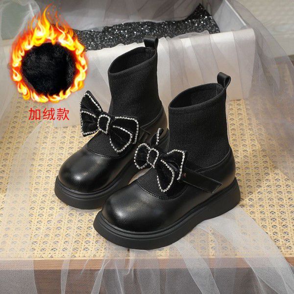 Girls' short boots=new autumn and winter bow knot children's princess single boot soft sole baby socks leather boots 