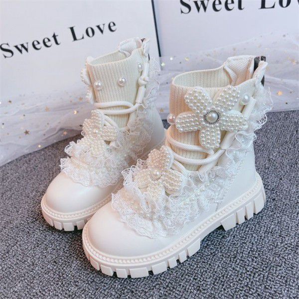 Girls' Martin Boots Spring Autumn Winter Lace Pearl Socks Boots Children's Short Boots Boots 