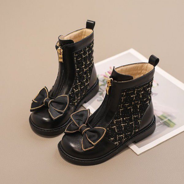 Girls' Martin Boots Winter New Plush Children's Single Boots Little Girls' Short Boots Fashionable Bowknot Leather Boots 