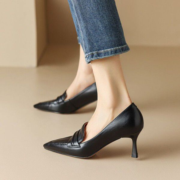 Black genuine leather small leather shoes, women's brown pointed thin high heels, new retro shallow cut thin single shoes