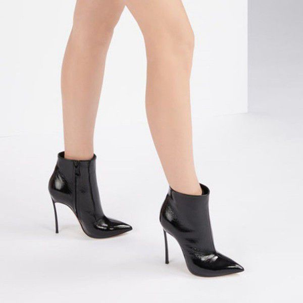 Pointed slim high heel side zippered short boots 