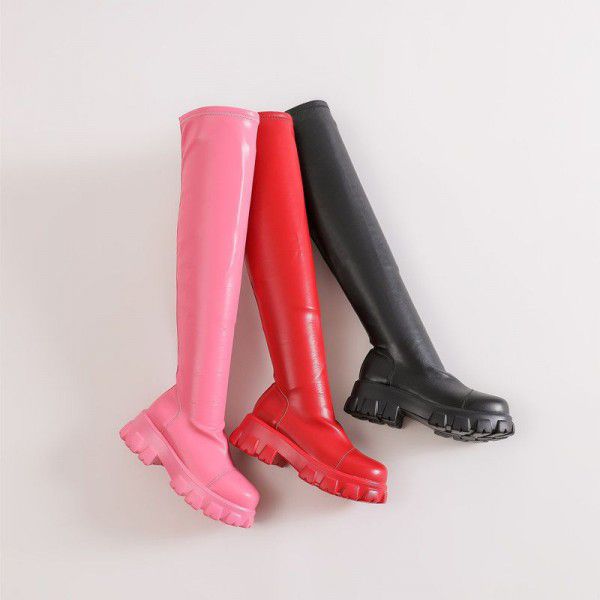 Thick sole elastic boots, women's candy colored kn...