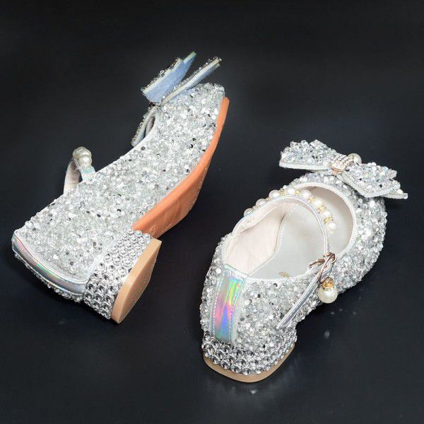 Girls' leather shoes, high heels, children's crystal single shoes, girls' silver dresses, big children's princess shoes 