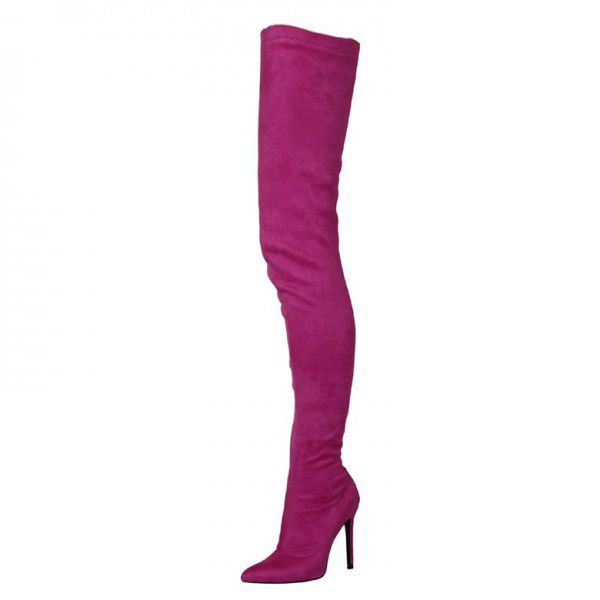 Lengthened slim leg boots, elastic suede pointed toe, sexy knee length boots for women 