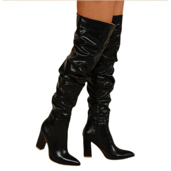 New women's shoes with long pleats, thick heels, high heels, pointed toes, and long boots for women 