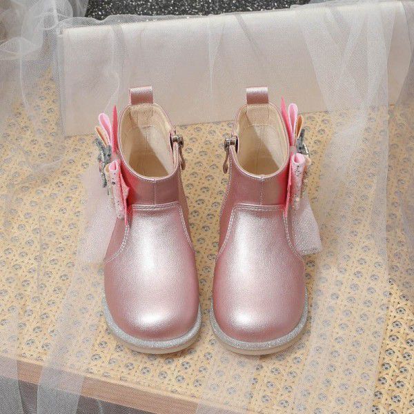 Girls' Short Boots Autumn New Children's Single Boots Little Girls English Style Leather Boots Bow Knot Plush Boots 