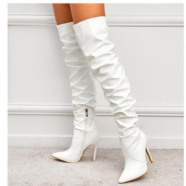 Spring knee length boots autumn new European and American pointed patent leather high barrel black zipper thin heel high heeled women's boots 