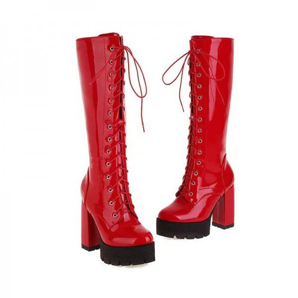 New Style Knight Boots Super High Heel Lace up Lacquer Leather Fashion Women's Boots 