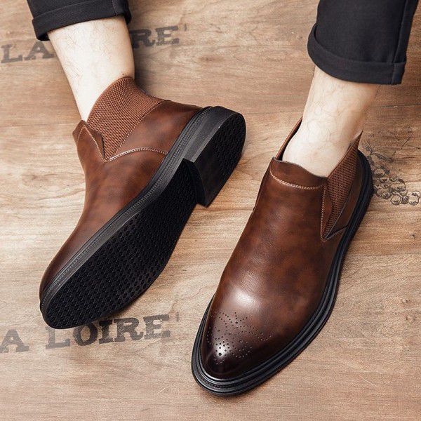 Leather boots men's shoes Spring and autumn new mid top leather shoes Chelsea boot foot covering men's short boots leather men's boots 