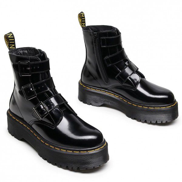 High top women's boots, genuine leather motorcycle, three buckle thick sole sponge cake 