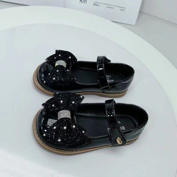 Spring style girls' leather shoes lace bow princess shoes patent leather PU shallow cut shoes soft soled children's flat shoes 