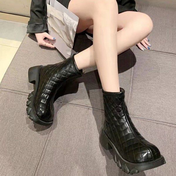 Martin Boots Women's Autumn and Winter New Thick Sole Down Diamonds Cotton Shoes Slim and Thin Smoke Pipe Short Boots 