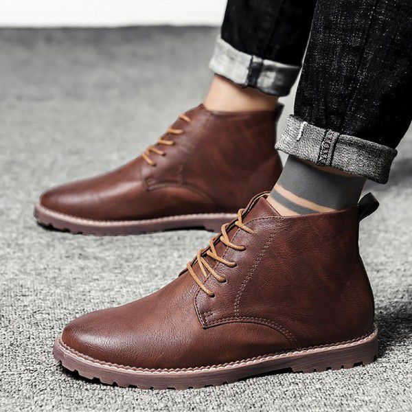 Autumn and Winter New High Top Leather Shoes Men's High Top British Style Martin Boots Casual Fashion Short Boots Large Men's Shoes 