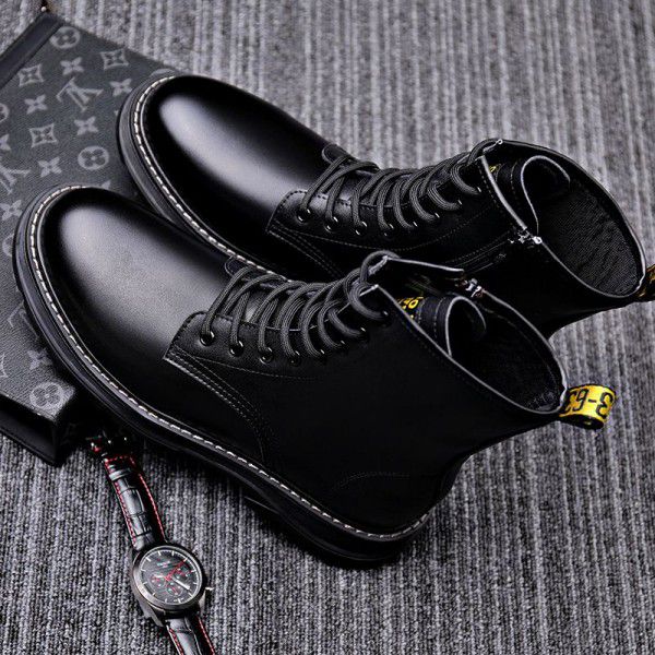 Winter men's Roman boots, fashionable youth casual lace up boots, plush insulation, trendy cotton shoes, side zipper men's boots 