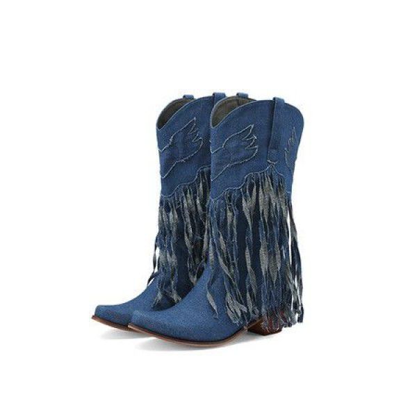 Vintage medium heel high boots Denim tassel boots women's boots 