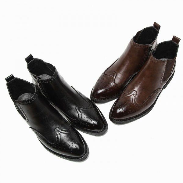 British Bullock carved pointed leather boots with loose feet, casual large men's boots 