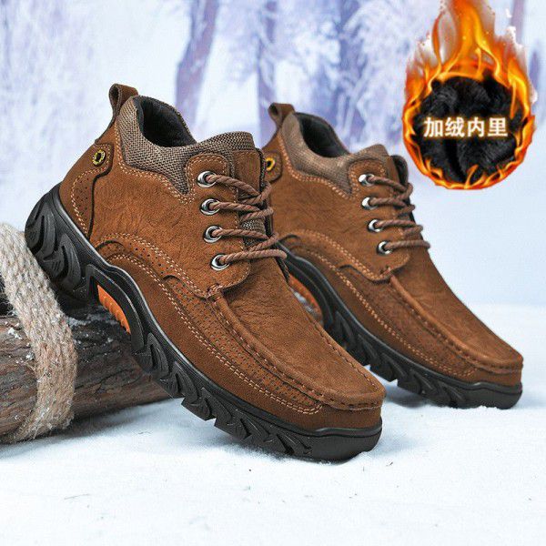 New men's leather boots, leather casual men's shoes, short boots, outdoor work boots, plush snow boots, cowhide top layer 