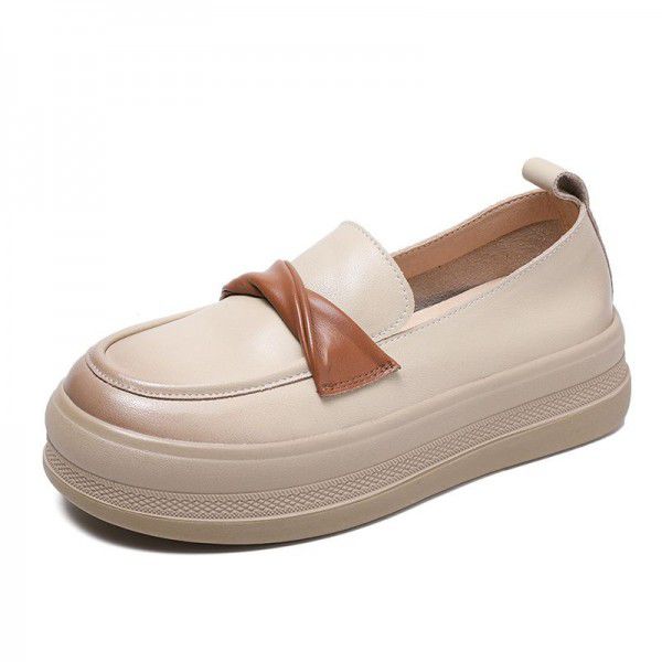 New spring cowhide casual single shoes women's soft soles color blocking thick soles Slip-on shoe women's leather retro mother's shoes 