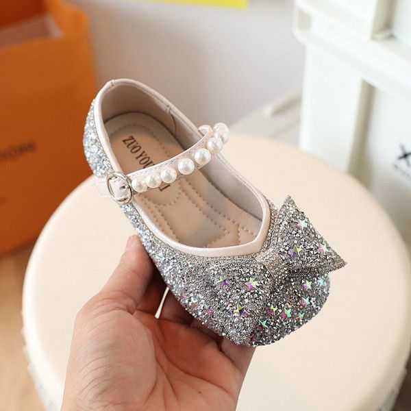 Girls' Princess Shoes Spring New Fashion Bow Rhinestone Leather Shoes Soft Sole Little Girl Baby Single Shoe Trend 