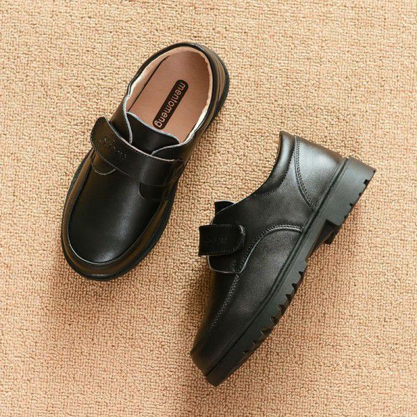 Children's black leather shoes, boys' soft soles, students' performance, flower boy college style single shoes 