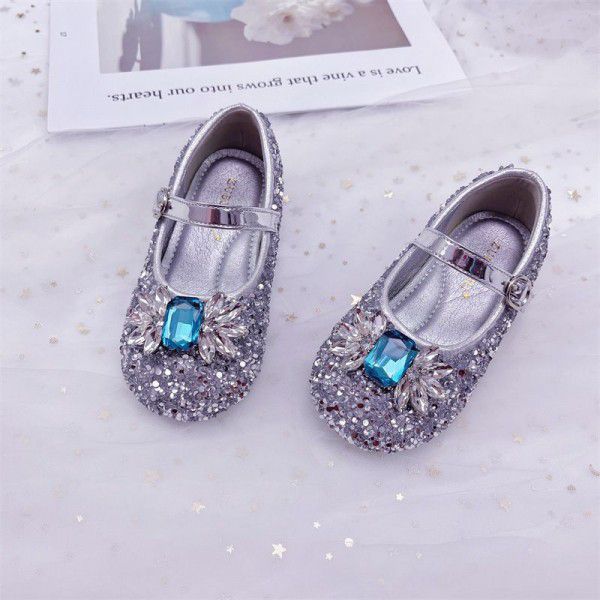 Girls' Crystal Shoes Spring New Aisha Princess Shoes Shiny Baby Little Leather Shoes Fashionable Soft Sole Single Shoes 