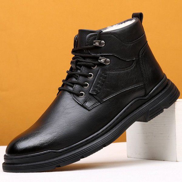 Plush Martin boots, autumn and winter new men's shoes, round toe work boots, Korean version trend leather boots, retro men's short boots 