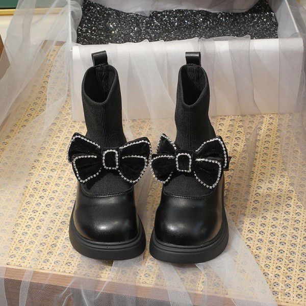 Girls' short boots=new autumn and winter bow knot children's princess single boot soft sole baby socks leather boots 