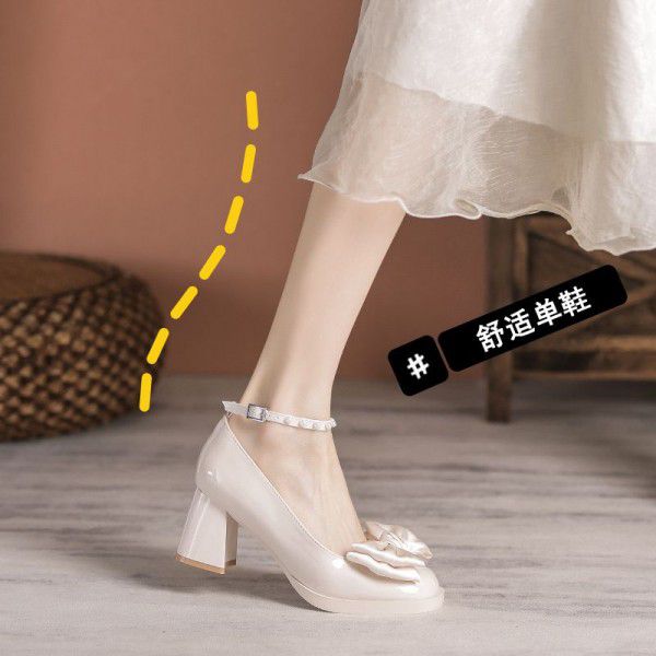 Mary Jane Shoes Women's Spring and Autumn French Girls' High Heels Versatile Thick Heel Shoes Temperament Celebrity Bridesmaid Shoes 