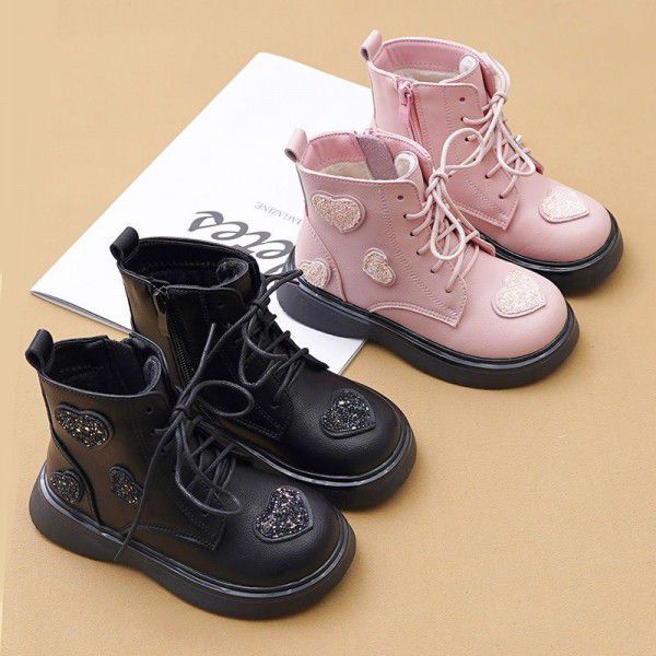 Girls' Martin boots, short boots, soft sole single boots, plush British style princess boots, cotton boots, autumn and winter children's shoes 