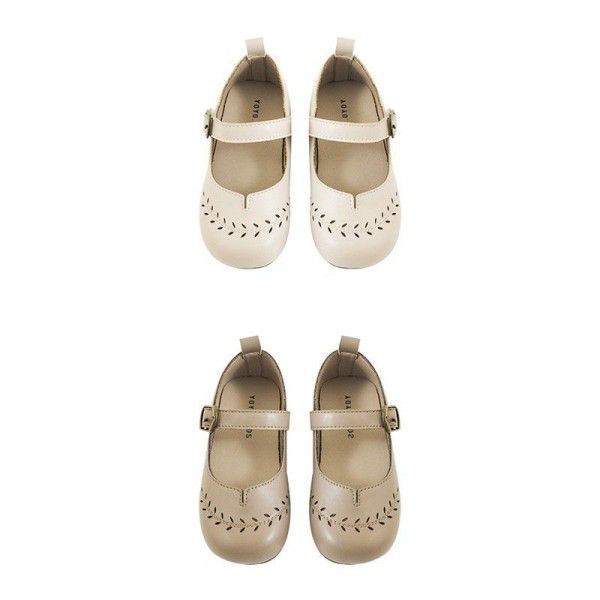 Girls' retro style leather shoes, hollowed out small leaves, baby spring and autumn new casual shoes 